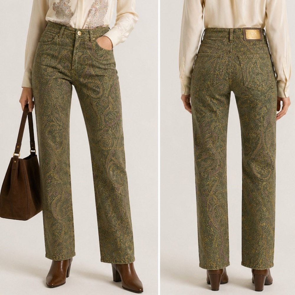 Etro Paisley Print Green Straight-Leg Jeans Gold Pesago Label